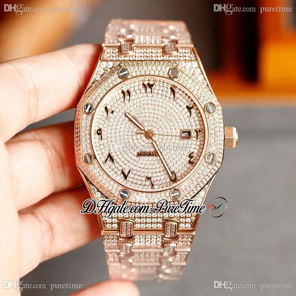 

2020 paved diamonds 15400 a3120 automatic mens watch rose gold arabic script dial fully iced out watches steel bracelet luxury puretime b2, Slivery;brown