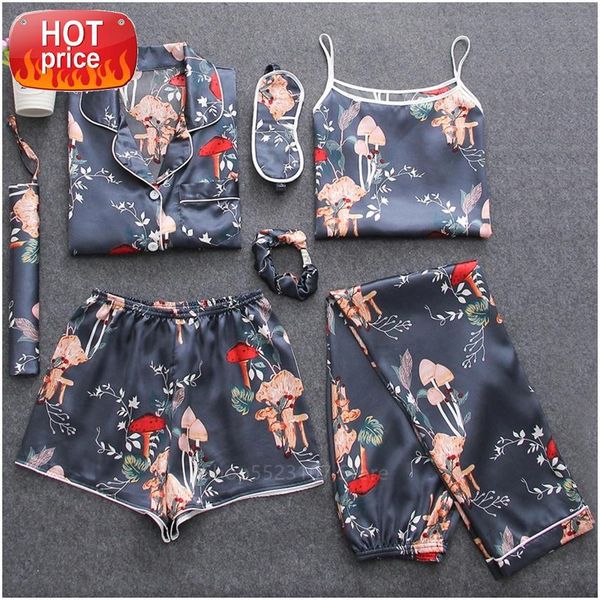 

7pcs women clothing home wear pajamas set print satin silk nightwear thick soft lingerie trousers+shorts+vest+blindfold #as1h, Black;white
