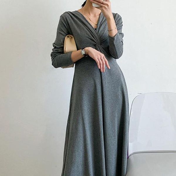 

japan style ladies dresses korean fashion spring autumn the new simple thin loose elegant sellers v-neck long sleeve, Black;gray
