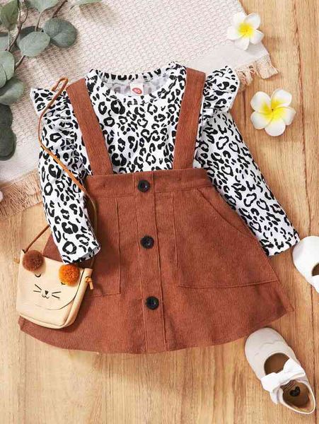 

baby leopard ruffle trim bodysuit & fake button overall dress she, White