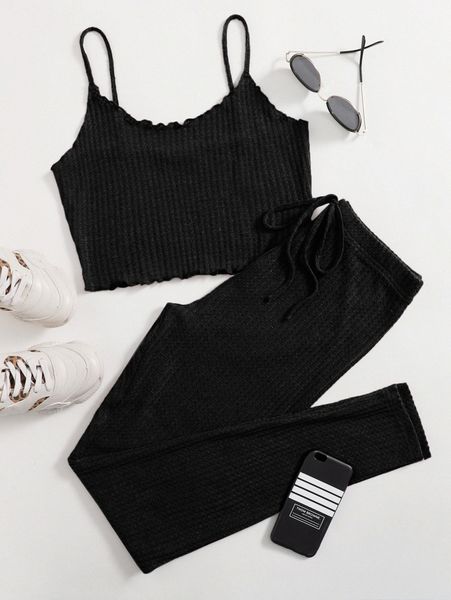 

lettuce edge waffle knit cami & leggings set k15d#, White