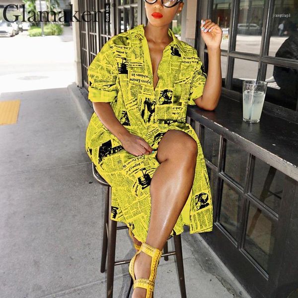 

glamaker newspaper print shirt dress women autumn long sleeve midi dress streetwear plus size blouse club vestido11, Black;gray