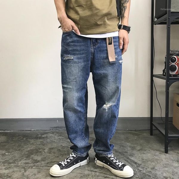 

28-34 fall american street style japanese casual loose wide leg hole straight leg jeans nine minutes1, Blue