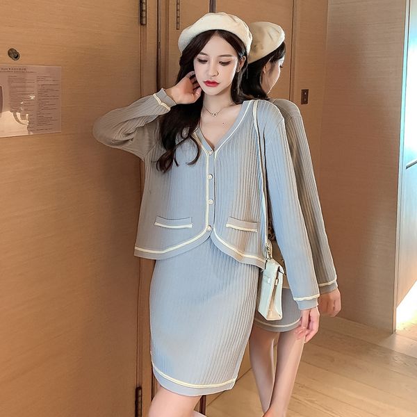 

graceful knitted suit 2020 autumn loose v-neck elegant knitted two-piece single-breasted cardigan sheath skirt lady two-piece set wcjv1 wcjv, Gray