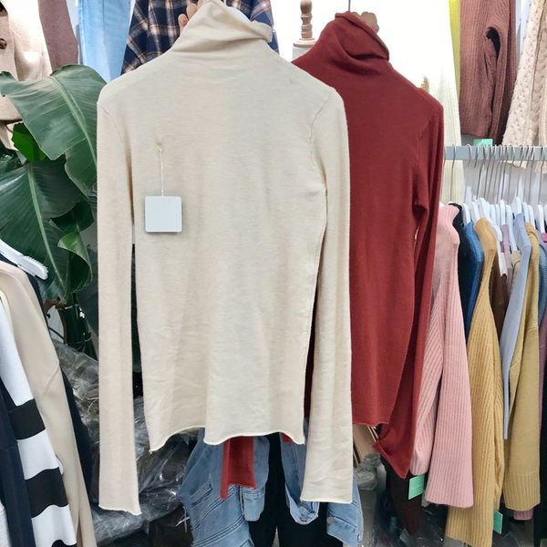 

корейское начало осень 2020 новой женской одежда корейской онлайн красного дизайна высокого воротник тонкая эластичная длинная футболка рука, White