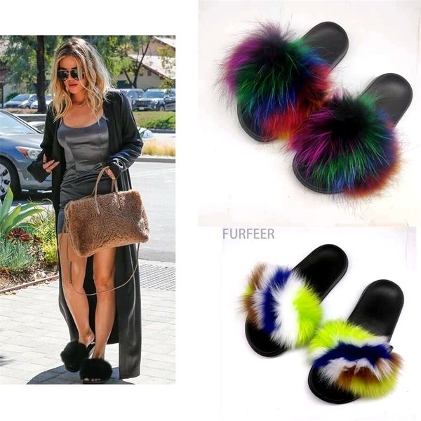 

womens ladies fur slides fuzzy furry slippers comfort sliders sandals shoes size fox fur slipper y200423, Black