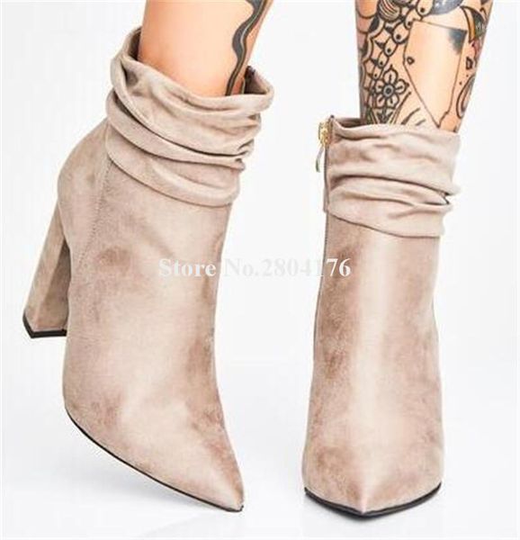 

boots autumn fashion pointed toe suede leather chunky heel short zipper-up thick high ankle booties1, Black