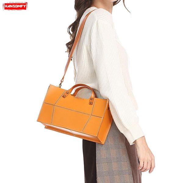 

retro handmade women tote bag genuine leather female shoulder messenger bag geometric stitching handbags detachable mother