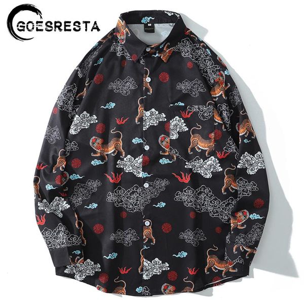 

men's casual shirts 2021 retro fashion hip hop shirt oversized men streetwear tiger print long-sleeved harajuku brand, White;black