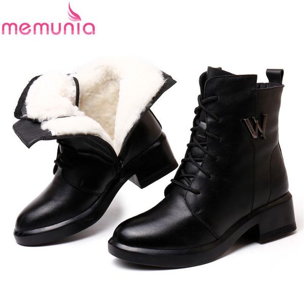 

boots memunia 2021 arrival women ankle genuine leather shoes lace up wool warm snow winter platform female, Black