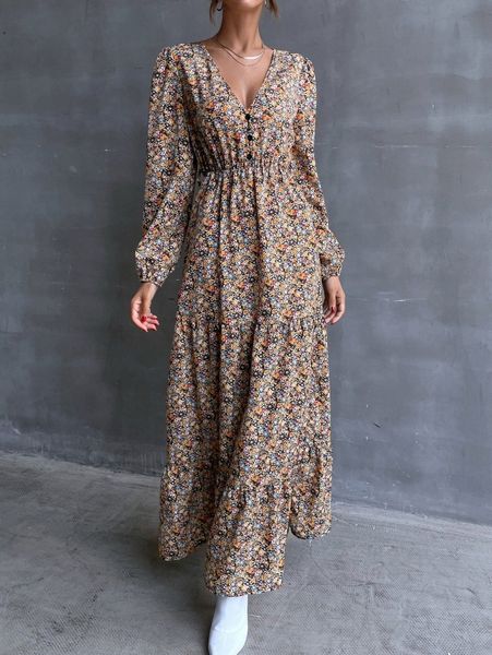 

floral print single breasted ruffle hem maxi dress h87o#, Black;gray