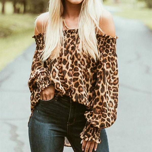 

women off shoulder ladies leopard print long sleeve blouse, White