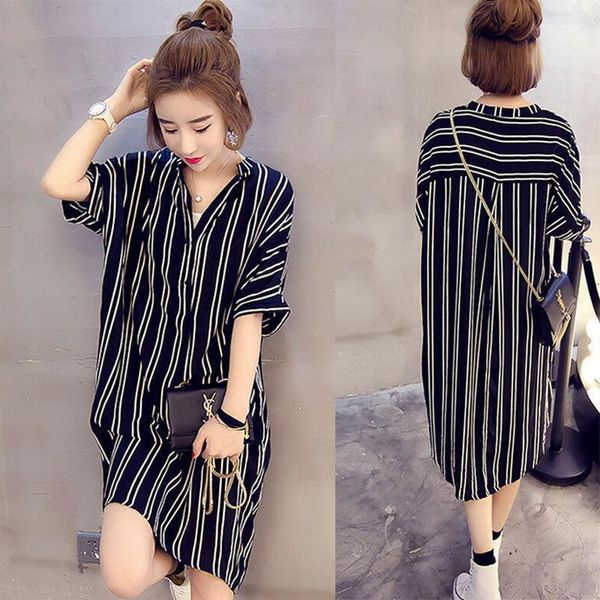 

womens woman 2021 summer big plus size l-5xl dress 2xl 3xl 4xl 5xl loose casual shirt style blouse blouses blusas stripe dresses, Black;gray