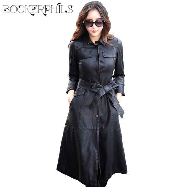 

x-long women's leather jacket single breasted autumn faux leather coat female black winter overcoat with belt plus size 5xl 201030