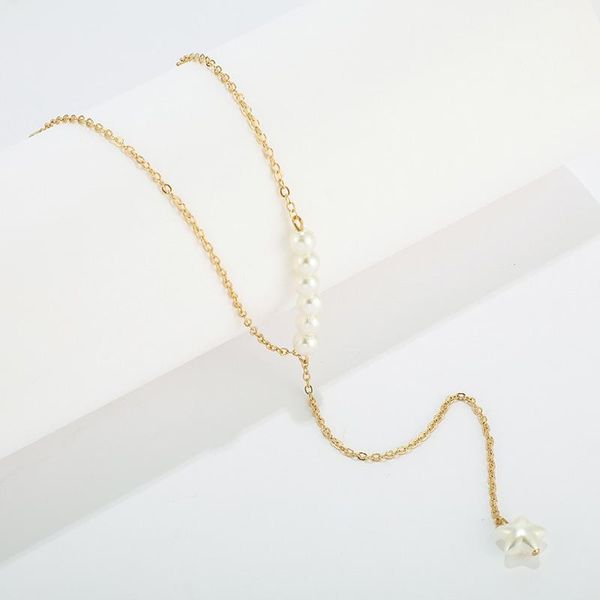 

minimalist faux pearl necklace five-pointed star pendant style neck chain lxh, Silver