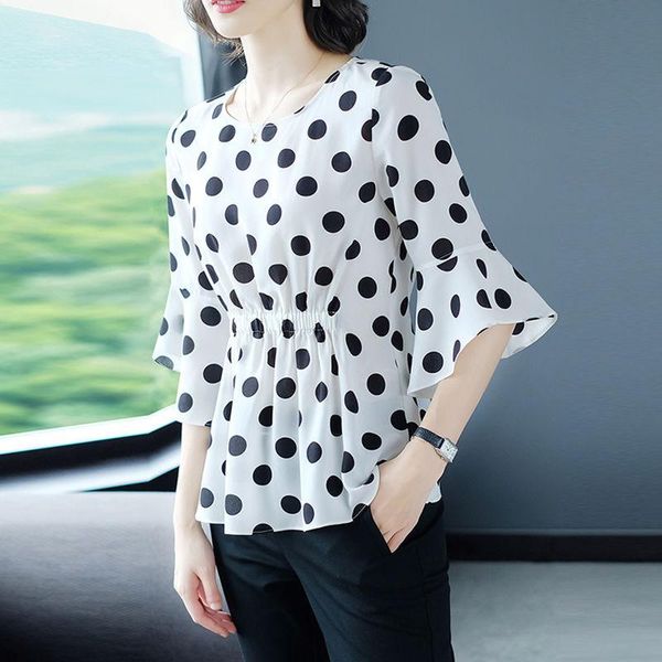 

women's blouses & shirts women casual spring summer chiffon lady short sleeve polka dot printed blusas df2845, White