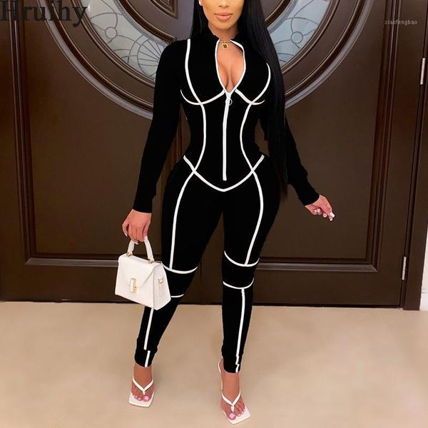 

color matching fashion romper front zipper design high waist long sleeve jumpsuits for women 2020 elegant party bodycon1, Black;white