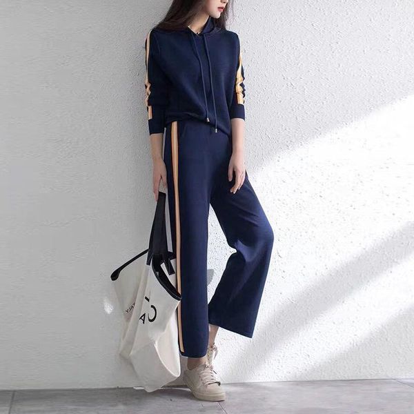 

women's tracksuits knitted hooded elastic waist sports suit women fashion western style hoodie and wide leg pants 2-piece set 2021 autu, Gray