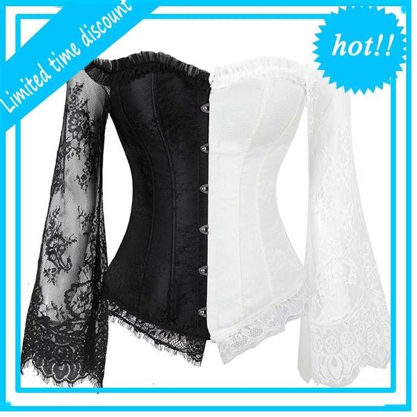 

women steampunk corset long sleeve corselet lace up bustiers korset for posture party club wedding plus size, Black;white