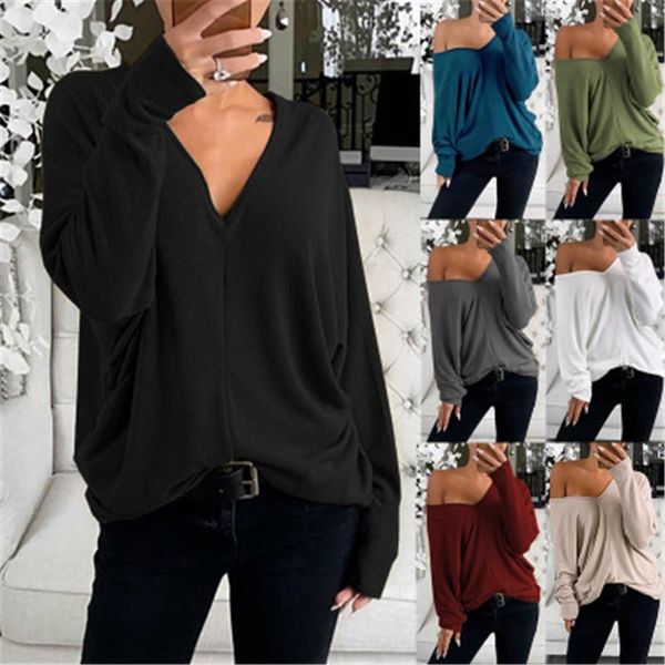 Damen Einfache Große V-ausschnitt T-shirts Mode Trend Lange Hülse Lose Tops Tees Designer Herbst Weibliche Neue Drop Ärmeln Casual T-shirts