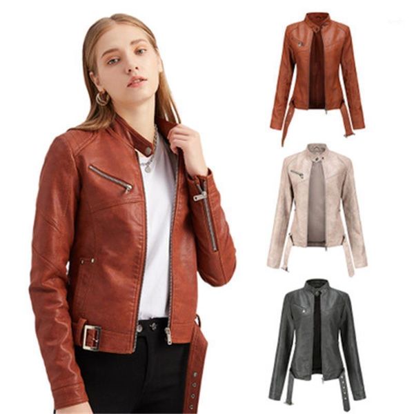 

new european size jacket women short with belt women leather jacket large size slim leather stand collar thin section1, Black;brown