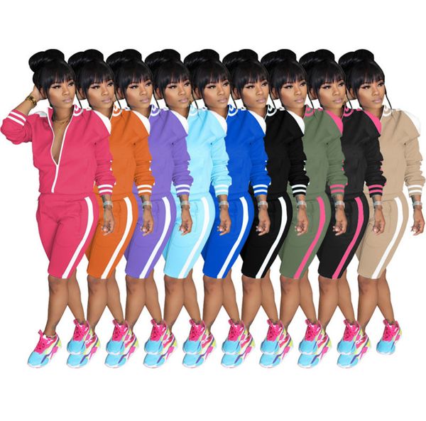 

женщины двухструктурные наряды дизайнер многоцветные моды zip top shorts jogging set club повседневная длинная рукава плотные штаны спортивн, Gray