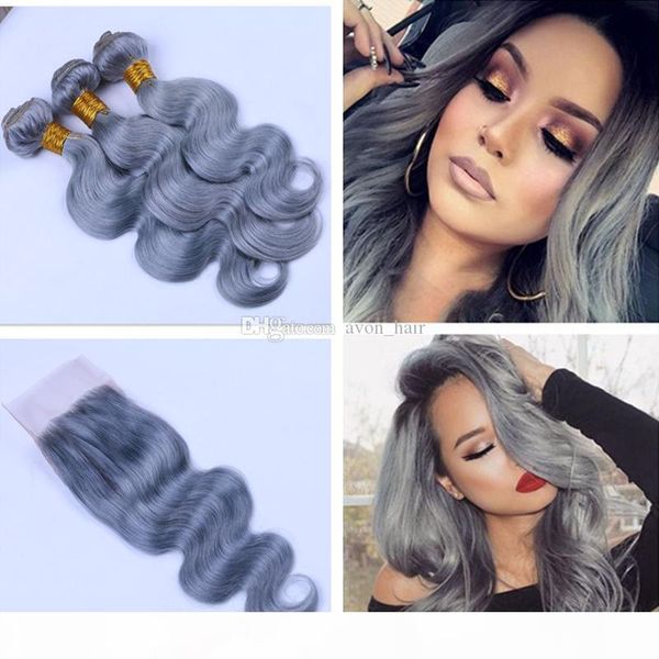 

body wave #grey virgin human hair weft with lace closure 3 bundles with closure 4x4 brazilian silver grey hair extension with closure, Black;brown
