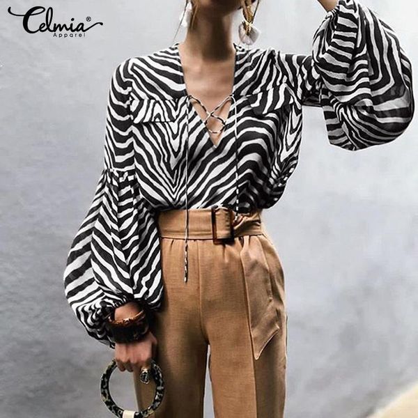

celmia summer women zebra print shirts casual v-neck lace up long lantern sleeve blouses plus size hollow out blusas1, White