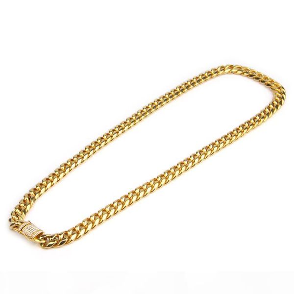 

10mm mens cuban miami link necklace stainless steel rhinestone clasp iced out gold silver hip hop chain necklace