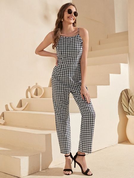 

gingham print cami jumpsuit y5mi#, White