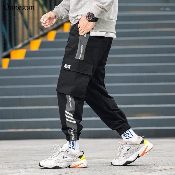 

onnestun pants men 2020 spring summer new harajuku men pants sweatpant hip hop side pocket trousers man streetwear jogger1, Black