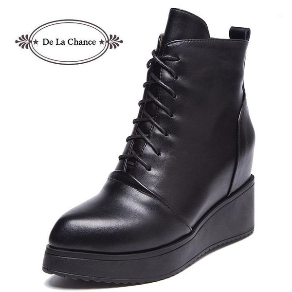 

boots de la chance lace up wedge winter fashion 2021 autumn leather casual shoes high women ankle motorcycle1, Black