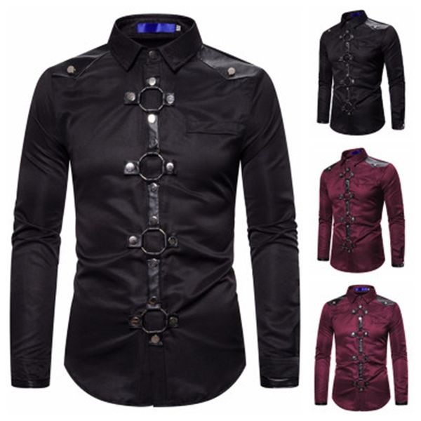 

men gothic style rivets shirts clothing fashion long sleeve cardigan lapel neck slim shirts spring male casual single breasted costumes, White;black