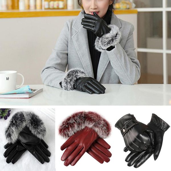 

five fingers gloves 1 pair pu leather/suede velvet women winter driving warm fur outdoor touch screen bow mittens, Blue;gray