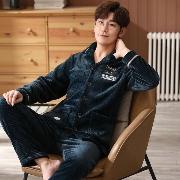 

men's sleepwear pajamas autumn and winter coral velvet thickened plus size cartoon youth flannel home service suit dormir, Black;brown