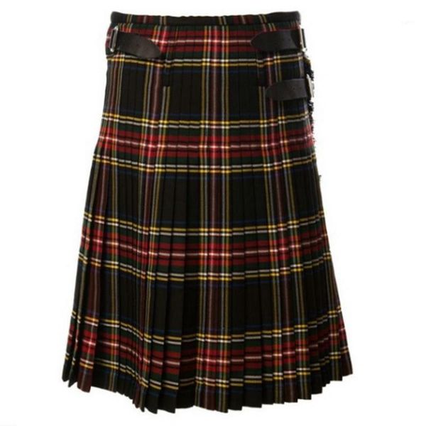 

dihope scottish men kilt traditional plaid belt pleated chain bilateral brown gothic punk scottish plaid pants skirts 20201, White;black