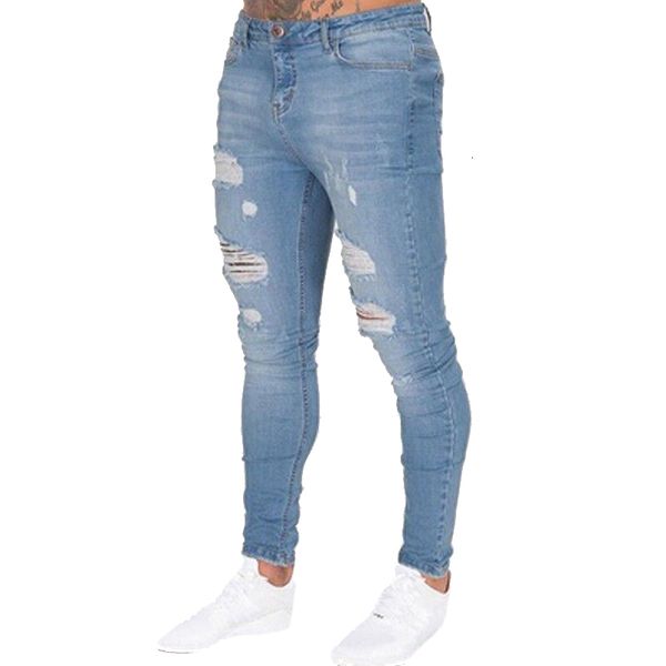 

ny hole long men slim bodycon trousers denim homme casual ripped jeans, Blue