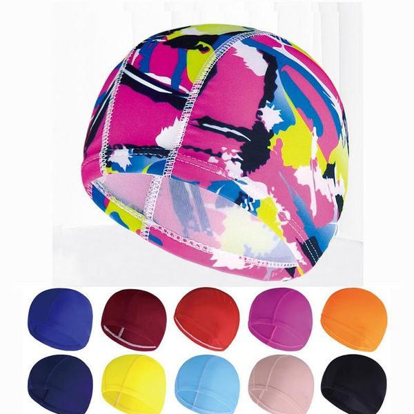 

multi colors prints men women fabric swimming cap swim pool water sports bathing elastic nylon caps hat turban for sqcroj