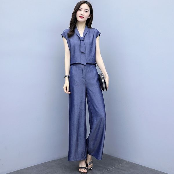 

a2n2r women's suit fashio new summer wide wide leg pants fashion temperament korean style slimming wide-leg pants tencel denim two-piec, Gray