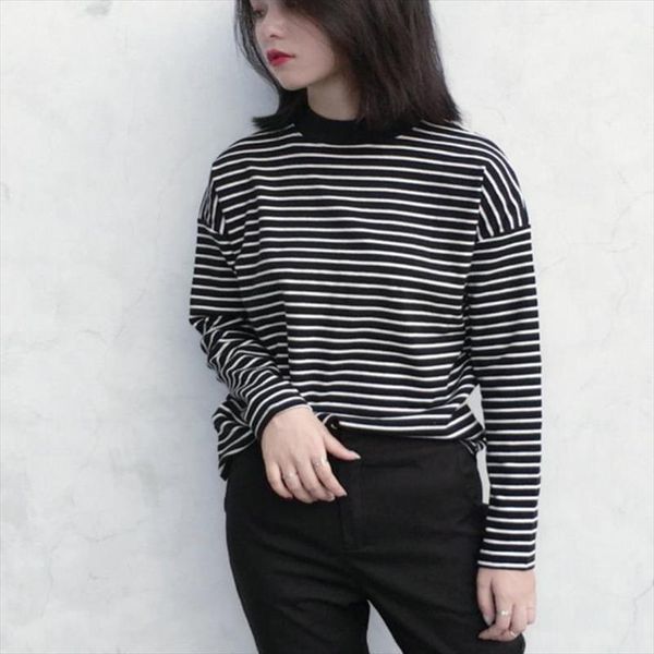 

women turtleneck korean style t shirt harajuku long sleeved loose striped female girl t shirt spring autumn casual, White