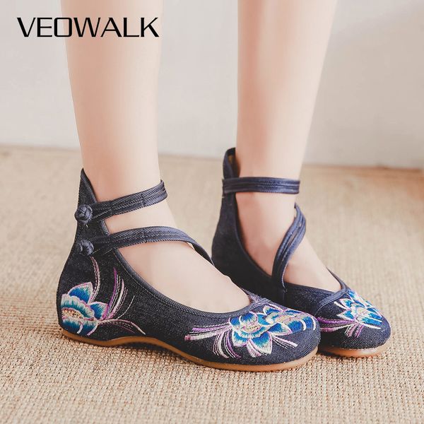 

veowalk ручной работы весна цветочные вышитые женщины холст балетки высокого top лодыжки ремень vintage дамы джинсовые повседневная обувь 20, Black