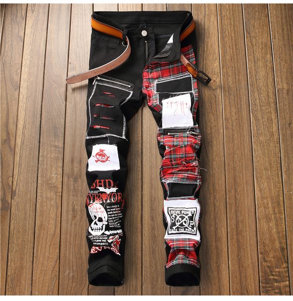 

sokotoo men's skull printed scottish plaid patchwork jeans trendy patches design black ripped distressed denim long pants, Blue