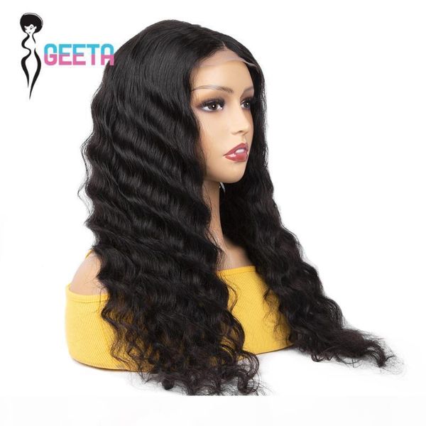 

geeta loose deep wave closure wig 180% 4x4 lace front human hair wigs malaysian deep wave lace frontal wig for women, Black;brown
