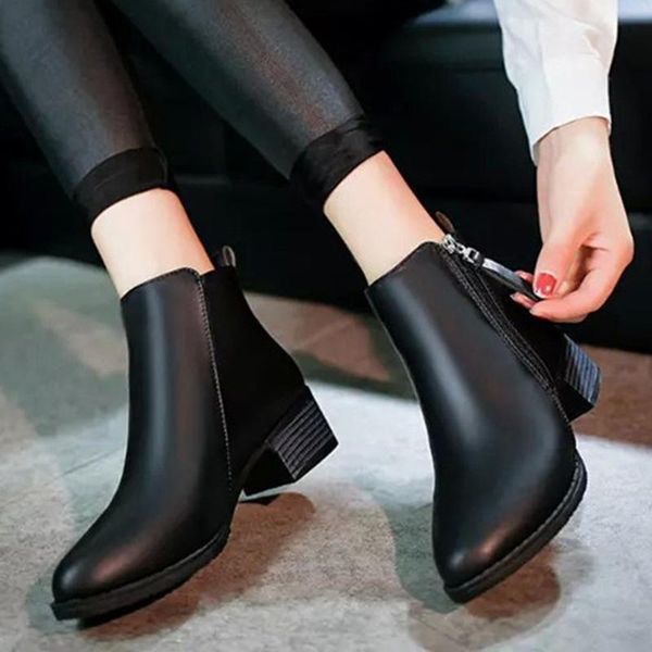 

boots for women fashion leather pure color pointed toe zipper shoes square heels vintage women booties, Black