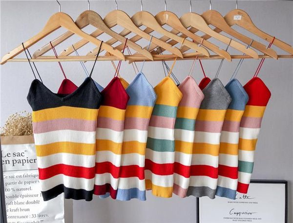 

summer women striped knit rainbow stripe camis girls knitwear camisole sleeveless sweater tshirts for female, White