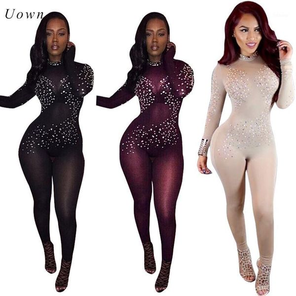 

long sleeve see through bodycon jumpsuit women rhinestone embellished sheer mesh transparent long rompers club jumpsuits1, Black;white