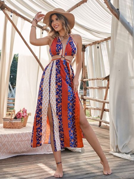 

floral backless split thigh dress r6rg#, Black;gray