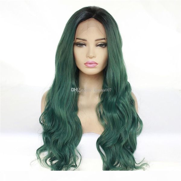 

ombre green body curly synthetic lace front wig baby hair water wave heat resistant fiber hair half hand tied wigs for women, Black