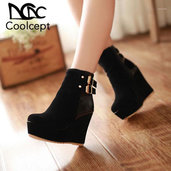 

boots coolcept shoes women high heel metal buckle zipper platform wedges ankle winter mature short botas size 34-391, Black