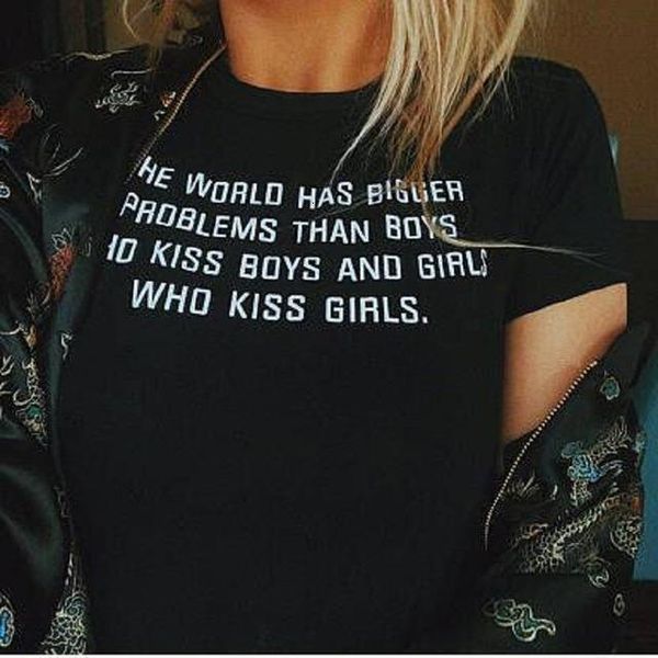

the world has bigger problems than boys who kiss boys girls letter t shirt tumblr graphic tees tshirt women t-shirt clothes, White